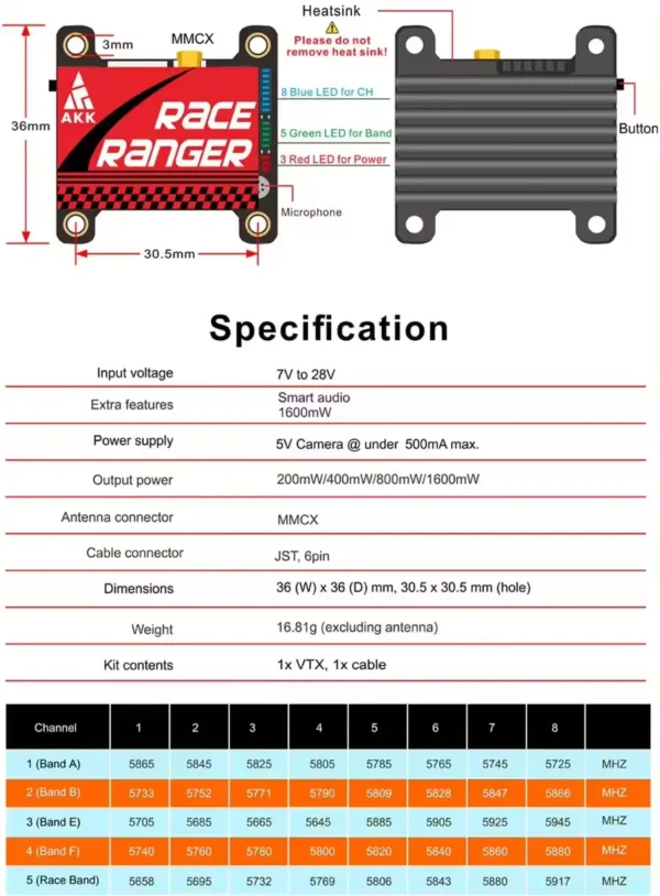 akk race ranger 5.8g long range transmitter vtx 1.6w switchable transmitter support smart audio for fpv rc drone