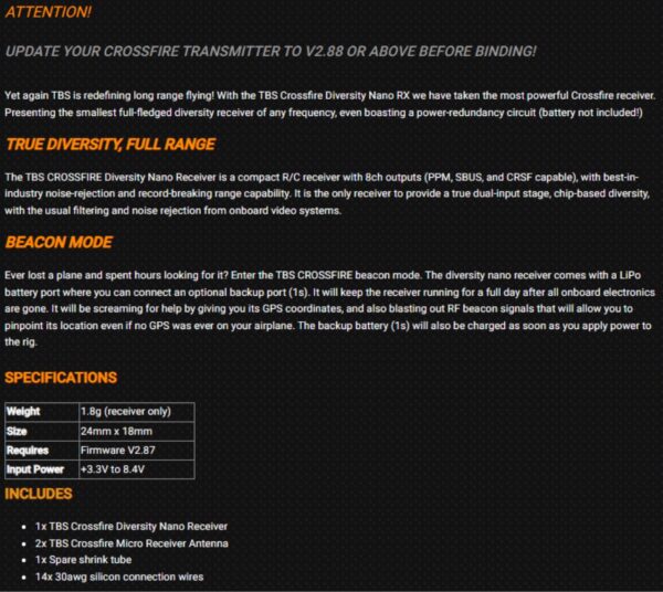 tbs crossfire diversity nano rx fpv long range drone recei